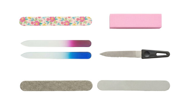 Set of various nail files and manicure tools including emery boards, glass files, a buffing block, and a metal file.