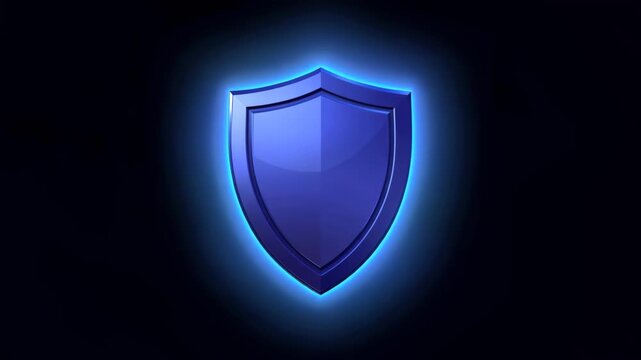 A high-quality 3D motion graphics animation features a sleek, metallic security shield icon centered on a dark background, glowing with pulsing blue light to symbolize digital protection and cybersecu