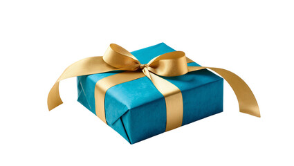 Isolated present wrapped in vibrant blue paper with luxurious gold satin ribbon and bow.