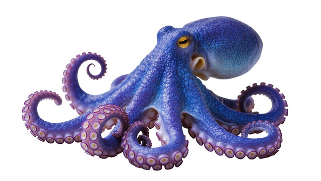 Isolated vibrant blue octopus with detailed tentacles and suction cups, marine life creature
