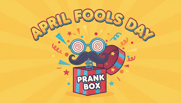 April Fools Day Prank Box Illustration with Funny Glasses and Mustache on Yellow Background isolated PNG with Transparent Background