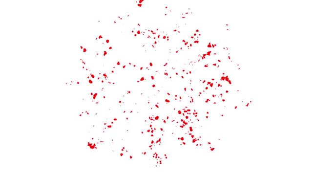Red Blood Splatter Burst and Confetti Explosion on white Background, Abstract Red Sparks Scatter Overlay, 4K Shattered Shards and Debris Explosion, Dynamic VFX Particles for Action and Horror