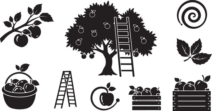 Black and white icons of apple picking and harvesting