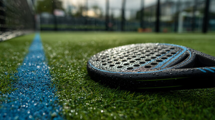 Fototapeta premium Padel racket on wet artificial turf court with blue line outdoor sport equipment concept