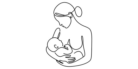 Continuous line drawing of a mother breastfeeding her infant baby in a minimalist style.