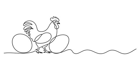 Continuous line art drawing of a rooster standing between two large eggs on a white background. © Bobita