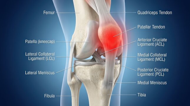 Detailed anatomical illustration of a human knee joint highlighting bones, ligaments, tendons, and areas affected by injury or inflammation.