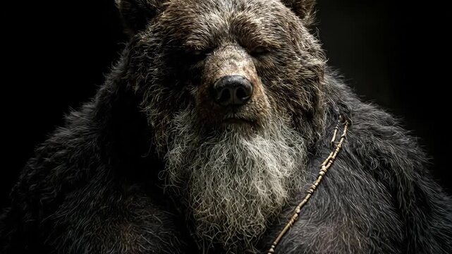 Majestic bear transformation: closeup of anthropomorphic creature with intense gaze