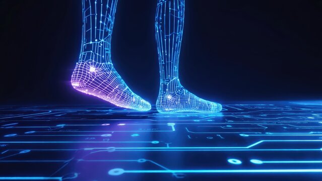 Digital wireframe feet walking on a glowing circuit board, symbolizing the intersection of human movement and technology in a futuristic digital environment.