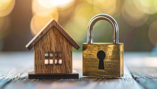 Small wooden house model secured with shiny metal padlock. Home security, property protection and investment