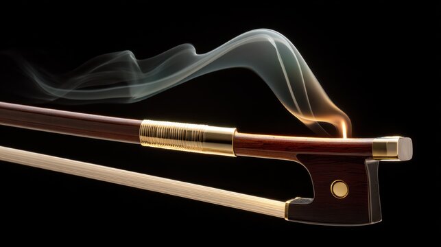 Violin bow detail with wisps of smoke rising in elegant curves on a black backdrop