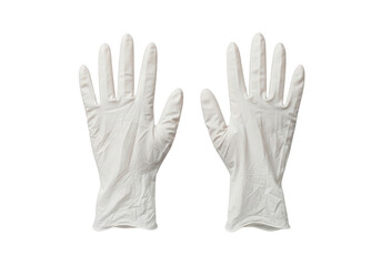 Obraz premium Pair of white disposable nitrile gloves shown from the front and back isolated on transparent background png,PNG