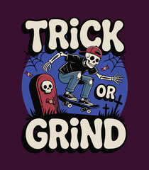 Fototapeta premium Skeleton Skater Halloween Illustration with Trick or Grind Text in Graveyard Scene