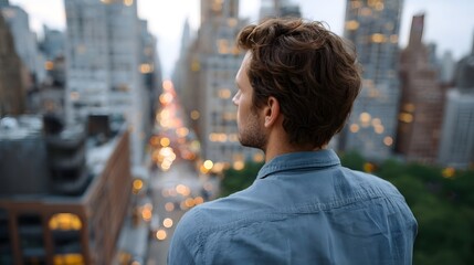 Obraz premium Man looks out over a blurred illuminated city skyline at dusk contemplating the urban landscape with warm bokeh lights