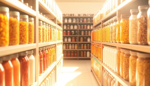 A well-organized pantry aisle showcasing a vast stockpile of non-perishable food items, including grains and beans in clear jars and bottles, ready for long-term storage and future use.