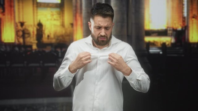 Man buttoning white shirt, tugging collar and frowning while adjusting buttons in cathedral; discomfort tension.