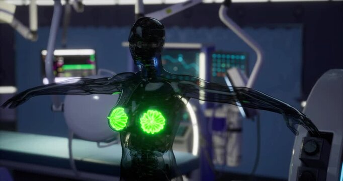 A 3D model illustrates mammary glands with luminous highlights within a laboratory setting. The innovative design showcases biological structures for educational purposes.