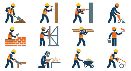 Fototapeta premium Construction workers engaged in diverse building and repair activities