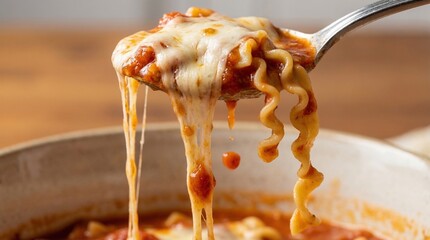 Melted Mozzarella Cheesy Ramen Noodles with Rich Tomato Sauce. A Delicious Spoonful of Warm, Savory Comfort Food.