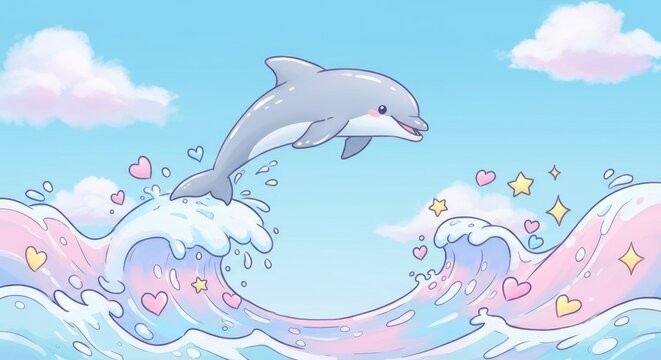 Cartoon dolphin jumping over waves artwork against pastel sky background