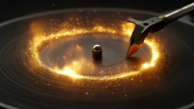 Vinyl record spinning with fiery sparks stylus