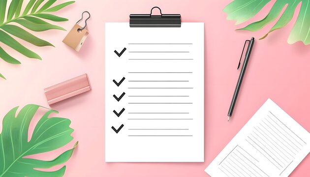 A clean checklist on a clipboard with check marks, surrounded by vibrant green leaves. Ideal for productivity, organization, and planning concepts in a modern workspace.