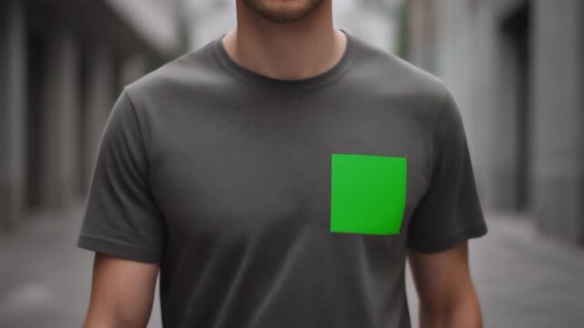 Modern casual wear a grey t-shirt on a man, featuring a bright green square on the chest, ready for your creative design, logo, or brand presentation mockups in urban settings