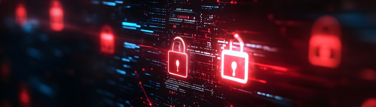 A digital illustration featuring red padlock icons representing cybersecurity and data protection