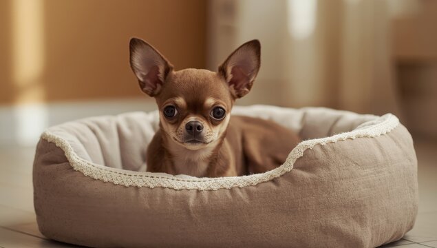 Cute chihuahua lying on a cozy pet bed inside