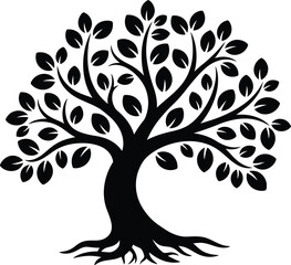 Obraz premium A black silhouette of a tree with a thick trunk and roots and a sprawling canopy of leaves on a white background
