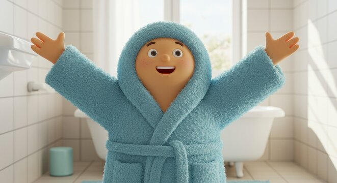 Cartoon figure in blue robe with open arms in bathroom setting