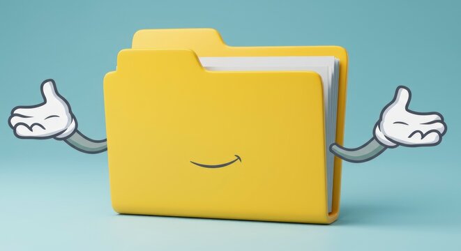 Cartoon folder with arms and smiling face on light blue background