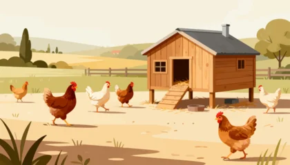 Fototapete Bauernhof Sunlit farm with chickens roaming freely. Cozy wooden coop stands near a fence. Green hills and trees frame the background. Chickens stroll across golden grassy fields  © beerman
