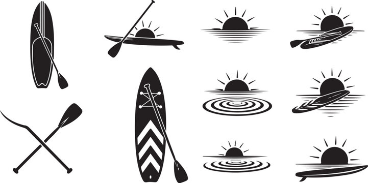 Black and white stand up paddleboard icon set collection