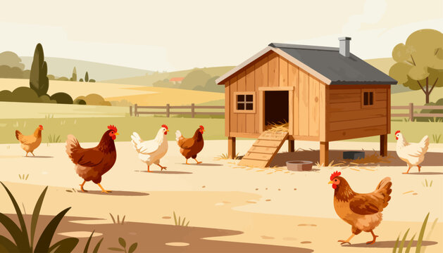 Sunlit farm with chickens roaming freely. Cozy wooden coop stands near a fence. Green hills and trees frame the background. Chickens stroll across golden grassy fields