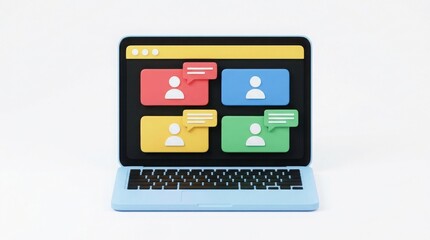 Modern laptop computer displaying video call interface with multiple participants in colorful boxes on screen and keyboard