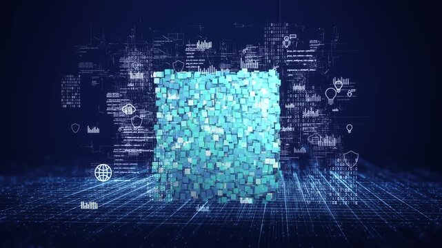 Blockchain technology concept featuring a digital data cube composed of interconnected blocks, symbolizing decentralized networks, secure data processing, and distributed computing for fintech, cybers