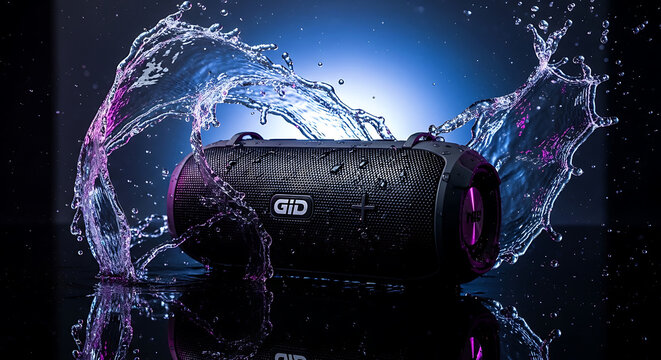 Black portable speaker with water splash perfect for outdoor activities and parties.