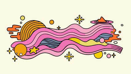 Fototapeta premium Vibrant abstract illustration of colorful planets stars and wavy lines in space