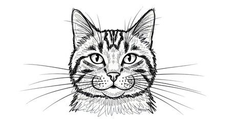 Hand-drawn sketch of a tabby cat's face with detailed whiskers and striped fur