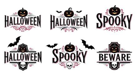 Naklejka premium Halloween Spooky Beware Signs with Pumpkins Bats and Skulls Vector Set