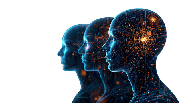 Stoic profile silhouette displaying ai evolution showing complex digital brain network glowing with blue cybernetic energy representing modern artificial technological progress today