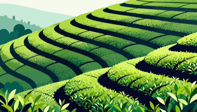 Lush green terraces roll across gentle hillsides. Rows of tea plants stretch in rhythmic curves. Deep shadows contrast vibrant foliage below. Nature's quiet beauty dominates the landscape