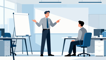 Fototapeta premium Man stands, gesturing during presentation. Employee sits, listening intently. Modern office with whiteboard and desks. Light blue tones create calm, professional mood. Ideal for business training