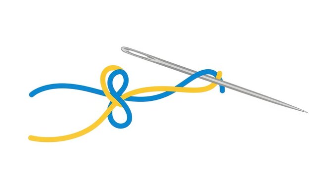A blue and yellow thread being sewn with a large silver needle on white background in a close-up det