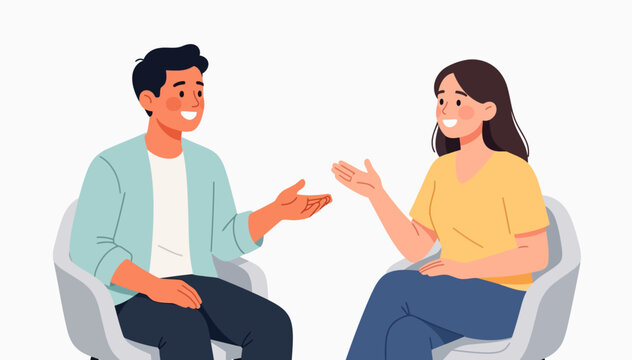 Two people sit facing each other, smiling warmly. They gesture open-handed, showing friendly engagement. Their relaxed posture suggests mutual trust and ease. Ideal for illustrating conversation