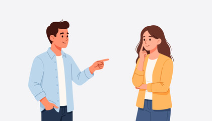 Fototapeta premium Young man gestures toward woman, who ponders thoughtfully. He smiles, suggesting friendly conversation. She looks curious, hands near chin. Ideal for illustrating teamwork or advice-giving