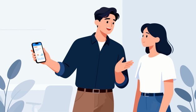 Man holds phone, gestures while speaking to woman. Woman listens attentively, smiling gently. Soft lighting, minimalist background with leafy accents. Ideal for business, tech, or mobile app concepts
