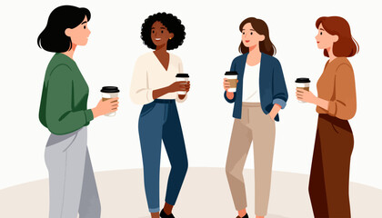 Obraz premium Four women chat, holding coffee cups. They smile, standing close, sharing conversation. Warm lighting highlights their casual, friendly gathering. Perfect for office breaks, social events