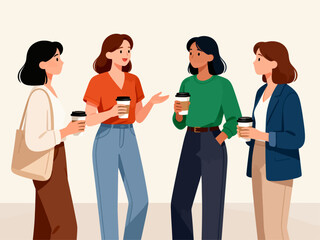 Obraz premium Four women chat while holding coffee cups. They smile and gesture, showing friendly connection. Casual attire suggests a relaxed workplace break. Ideal for team collaboration or social moments